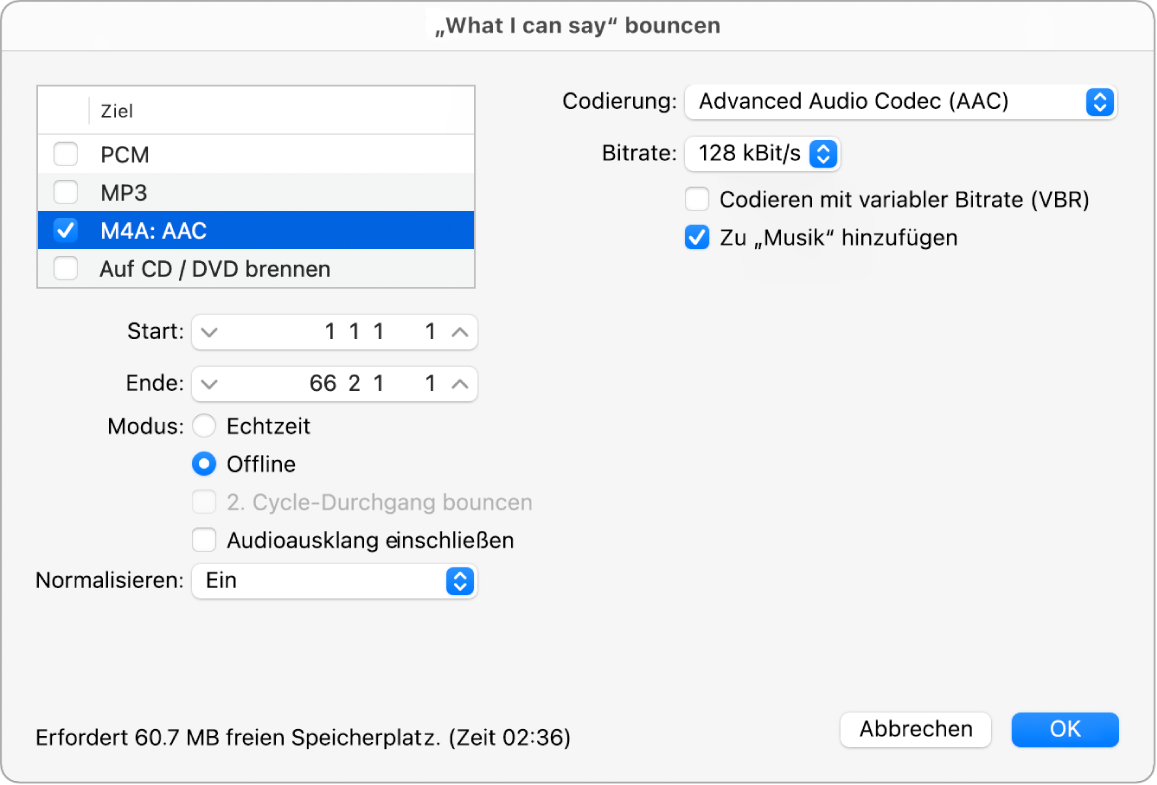 Abbildung. M4A AAC-Format-Optionen im Bounce-Fenster