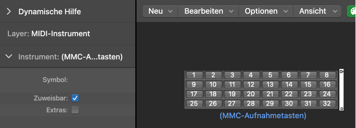 Abbildung. Environment-Fenster mit Anzeige eines MMC-Aufnahmetasten-Objekts und des zugehörigen Informationsfensters