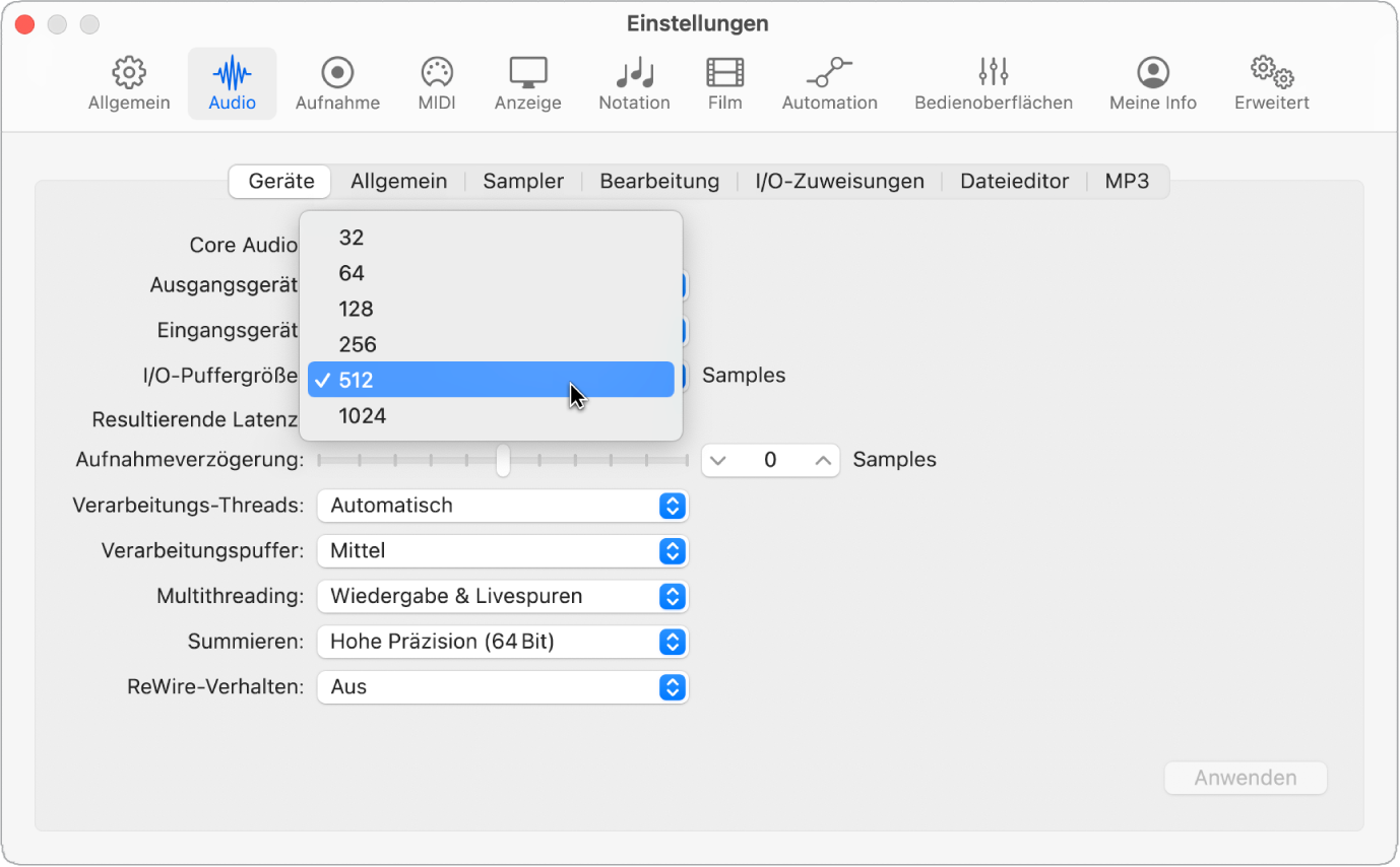 Abbildung. Festlegen der I/O-Puffergröße in den Logic Pro-Einstellungen.