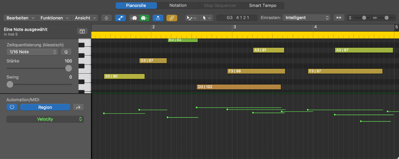 Abbildung. Bereich „Automation/MIDI“ mit Regionsautomation und MIDI-Parameter