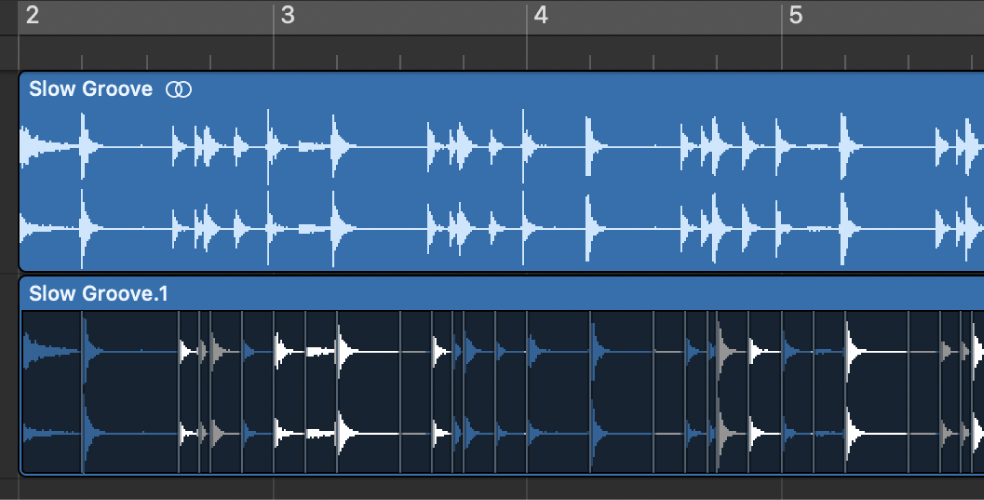 Abbildung. Ein Paar von Bildern, die eine Audioregion vor und nach der Quantisierung zeigen