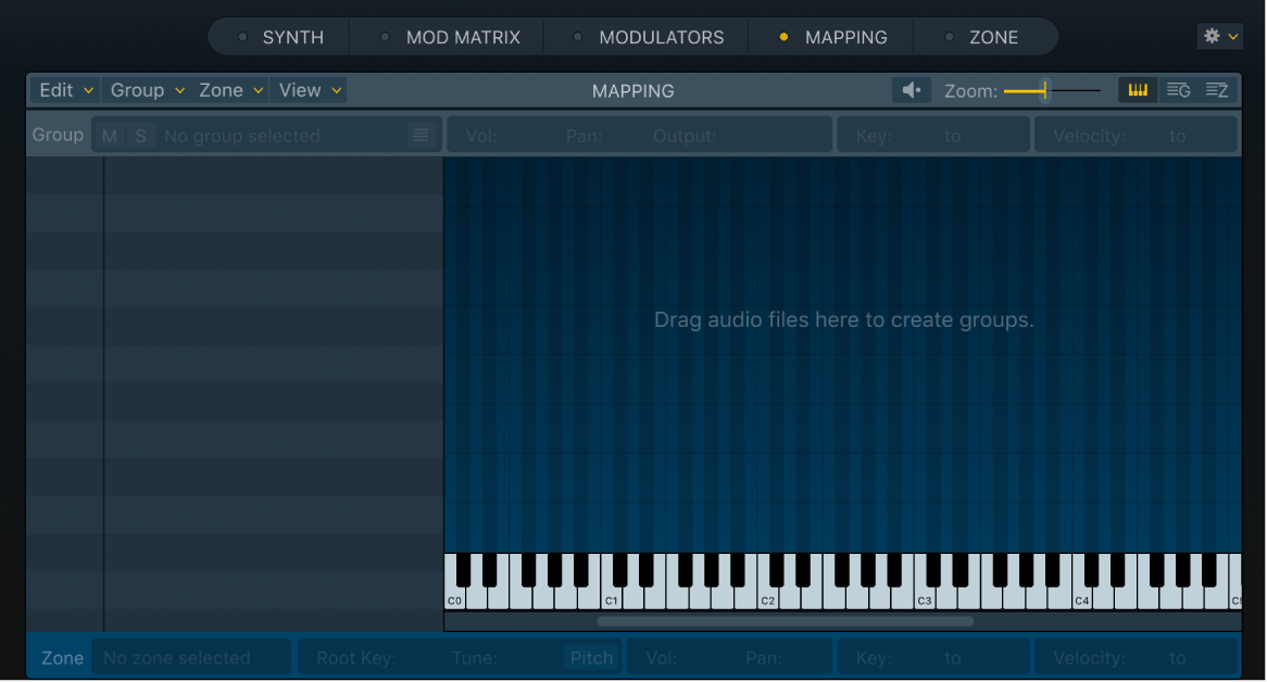 Abbildung. Leerer Key Mapping Editor im Sampler mit dem Hinweis, Audiodateien in diesen Bereich zu bewegen.