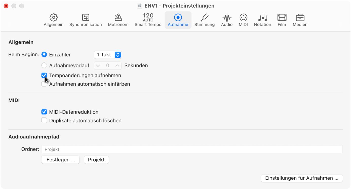 Abbildung. Bereich „Aufnahme“ der Projekteinstellungen