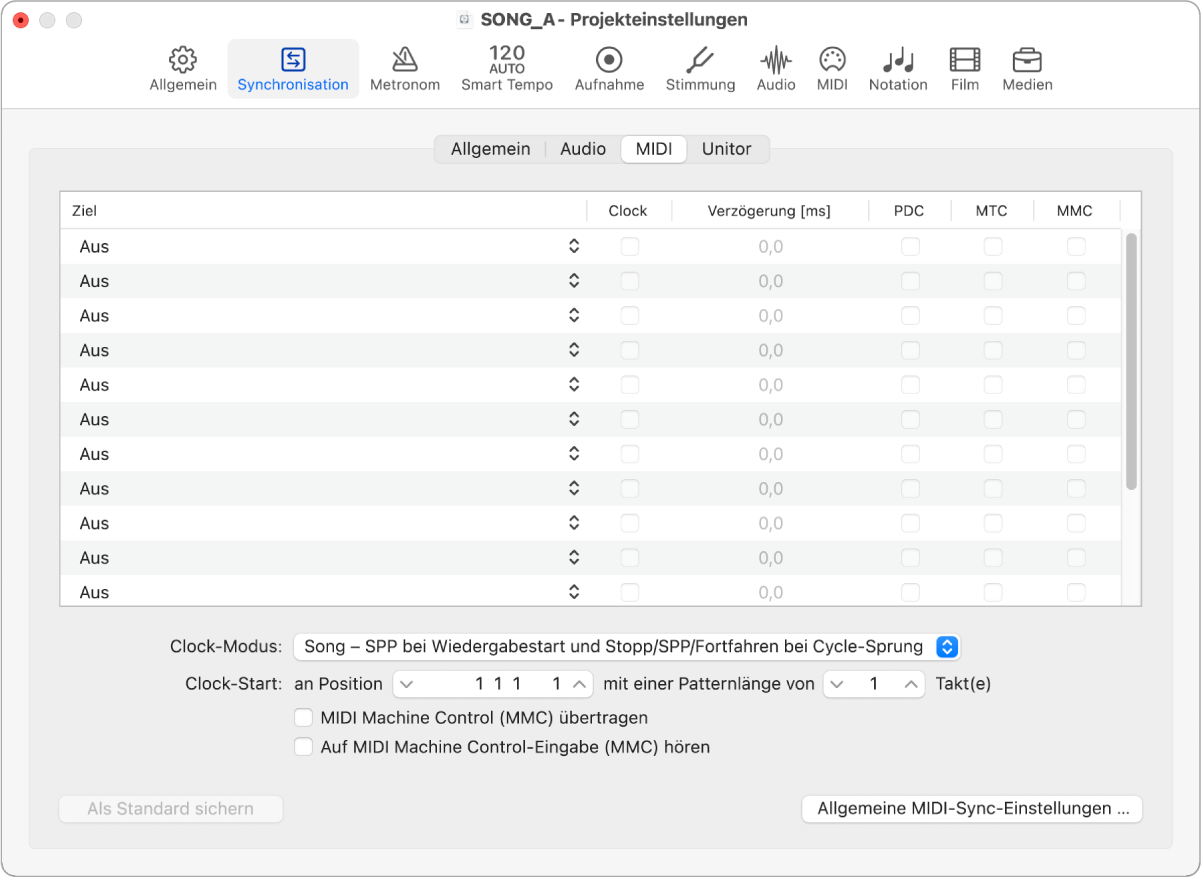 Abbildung. Bereich „Synchronisation“ > „MIDI“