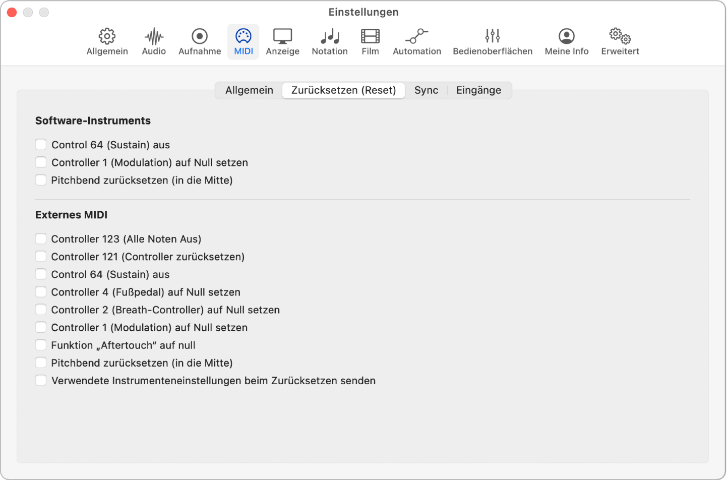 Abbildung. Einstellungen für MIDI-Reset-Befehle