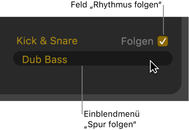 Abbildung. Markierungsfeld „Folgen“ und Einblendmenü „Spur folgen“ im Drummer-Editor