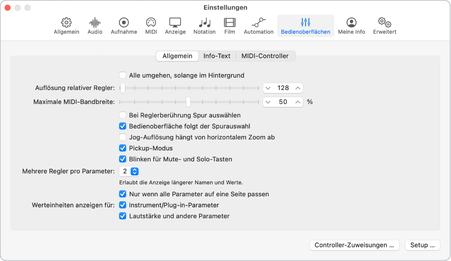 Abbildung. Fenster des Bereichs „Bedienoberflächen“ von Logic Pro.