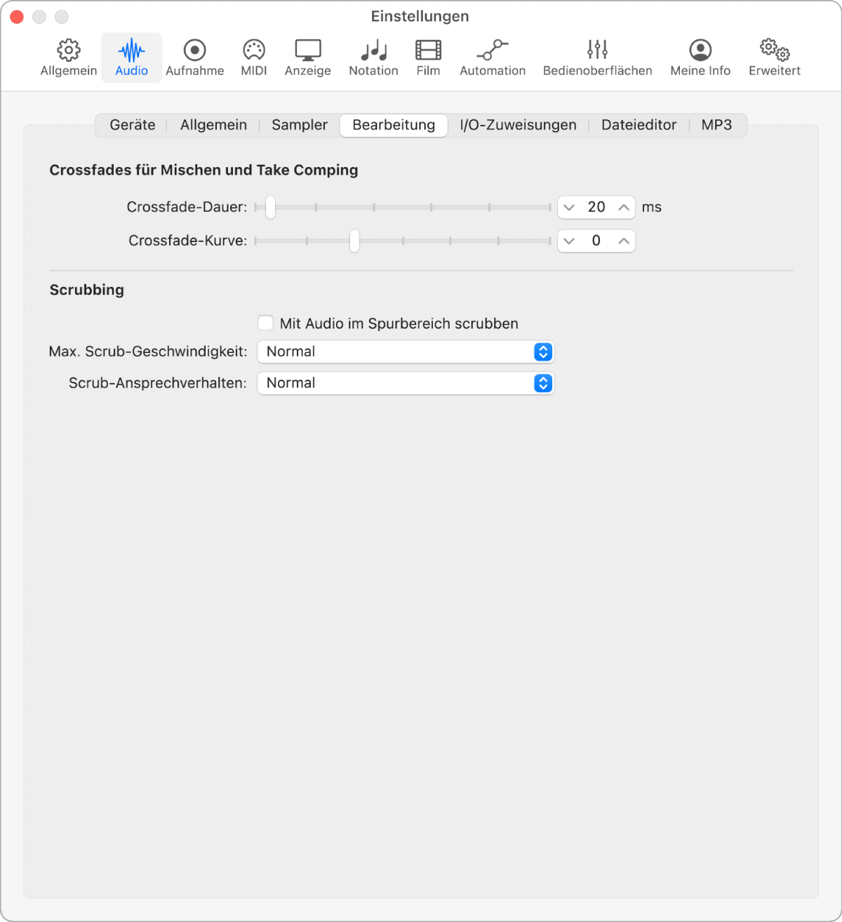 Abbildung. Bereich „Audio“ > „Bearbeitung“