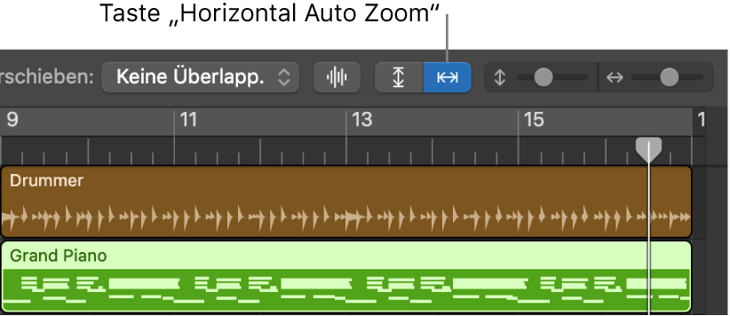 Steuerelemente für „Wellenform-Zoom“, „Vertikaler Auto-Zoom“ und „Horizontaler Auto-Zoom“ in der Menüleiste des Bereichs „Spuren“.