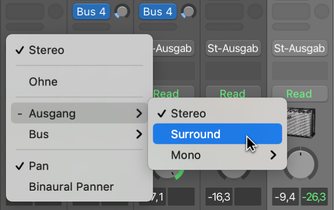 Abbildung. Auswahl von „Surround“ aus dem Einblendmenü „Ausgang“ des Channel-Strips