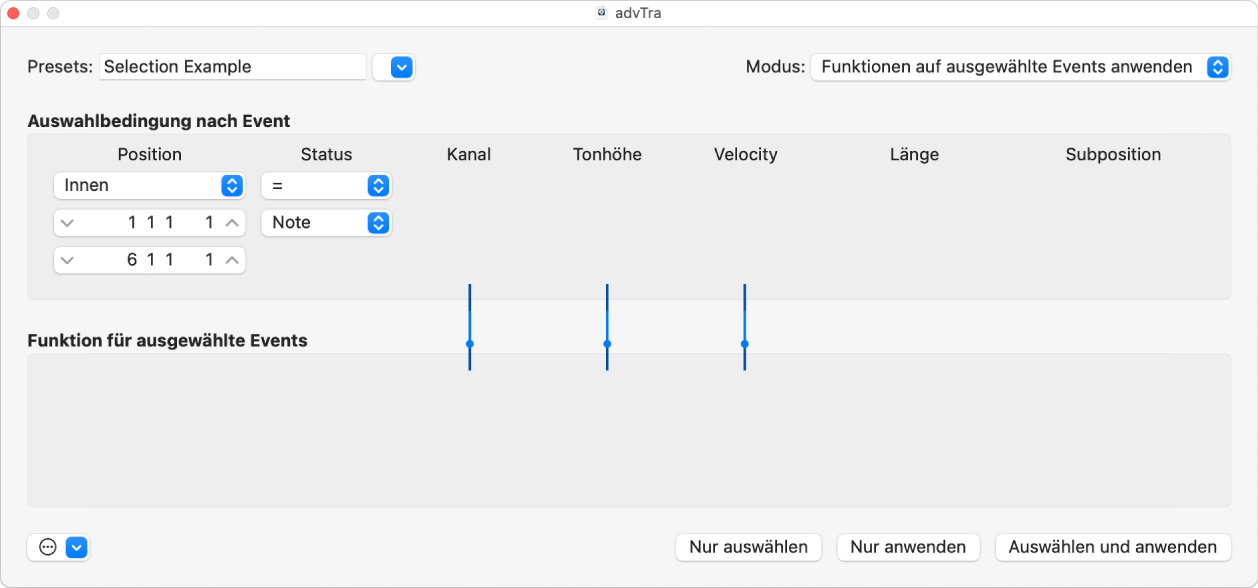 Abbildung. Transformer-Fenster mit Einstellungen, zur Auswahl von Noten für Bearbeitungsfunktionen