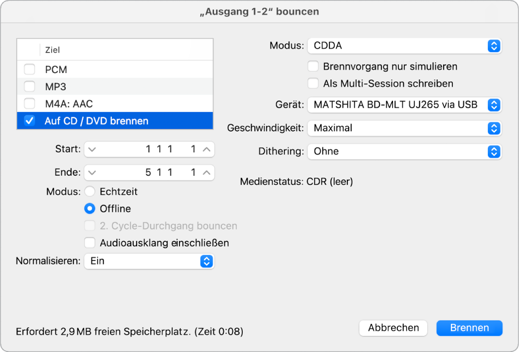 Abbildung. Optionen zum Brennen im Bounce-Fenster