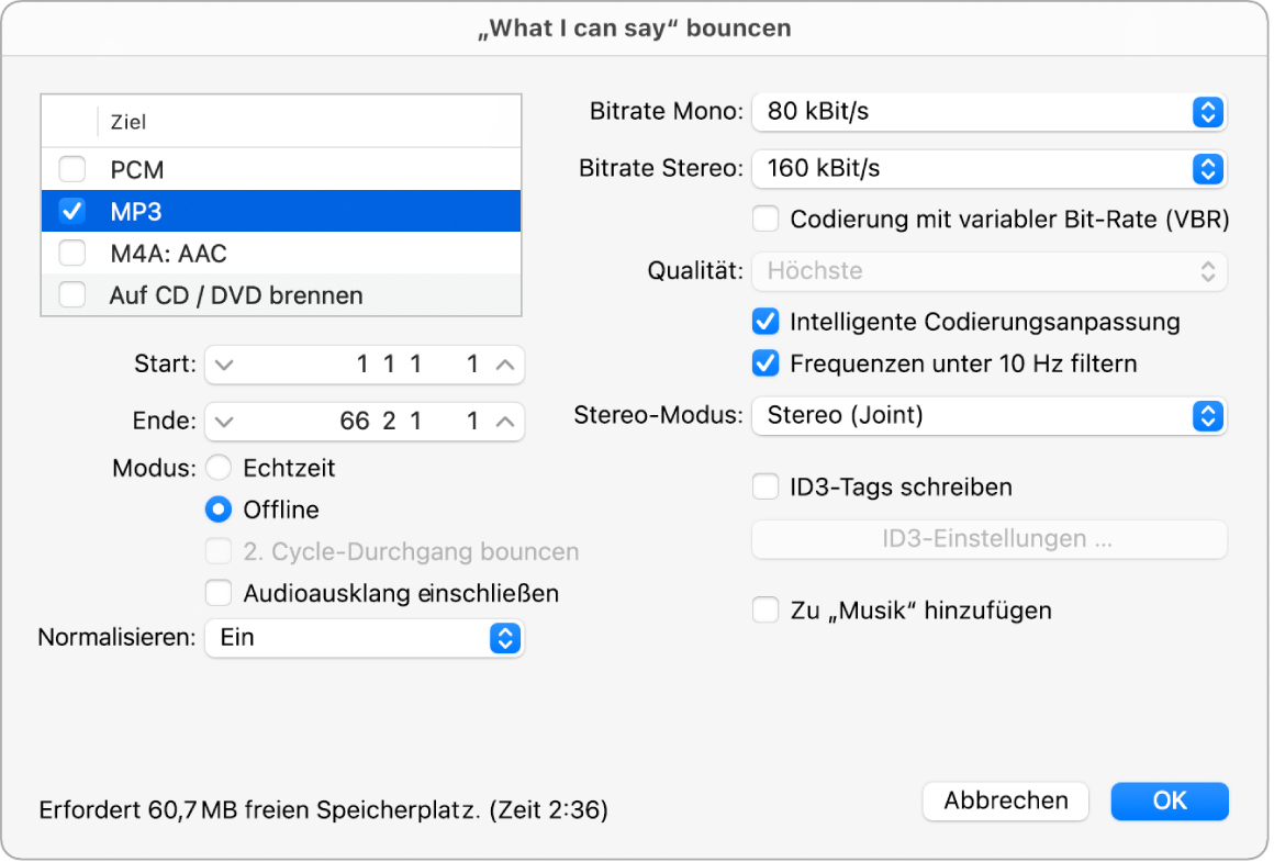 Abbildung. MP3-Optionen im Bounce-Fenster