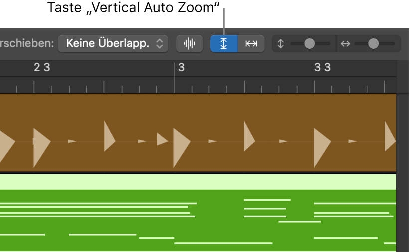 Steuerelemente für „Wellenform-Zoom“, „Vertikaler Auto-Zoom“ und „Horizontaler Auto-Zoom“ in der Menüleiste des Bereichs „Spuren“.