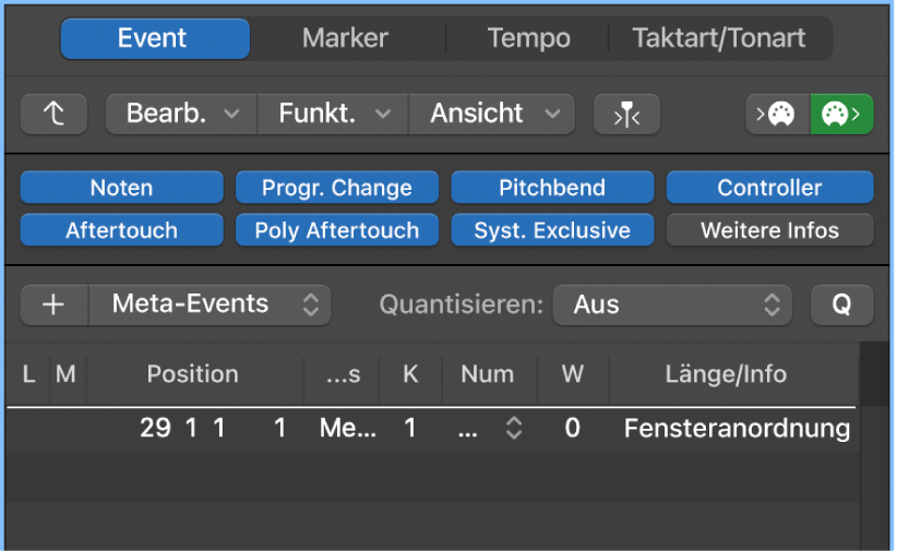 Abbildung. Event-Liste mit Meta-Event-Fensteranordnung