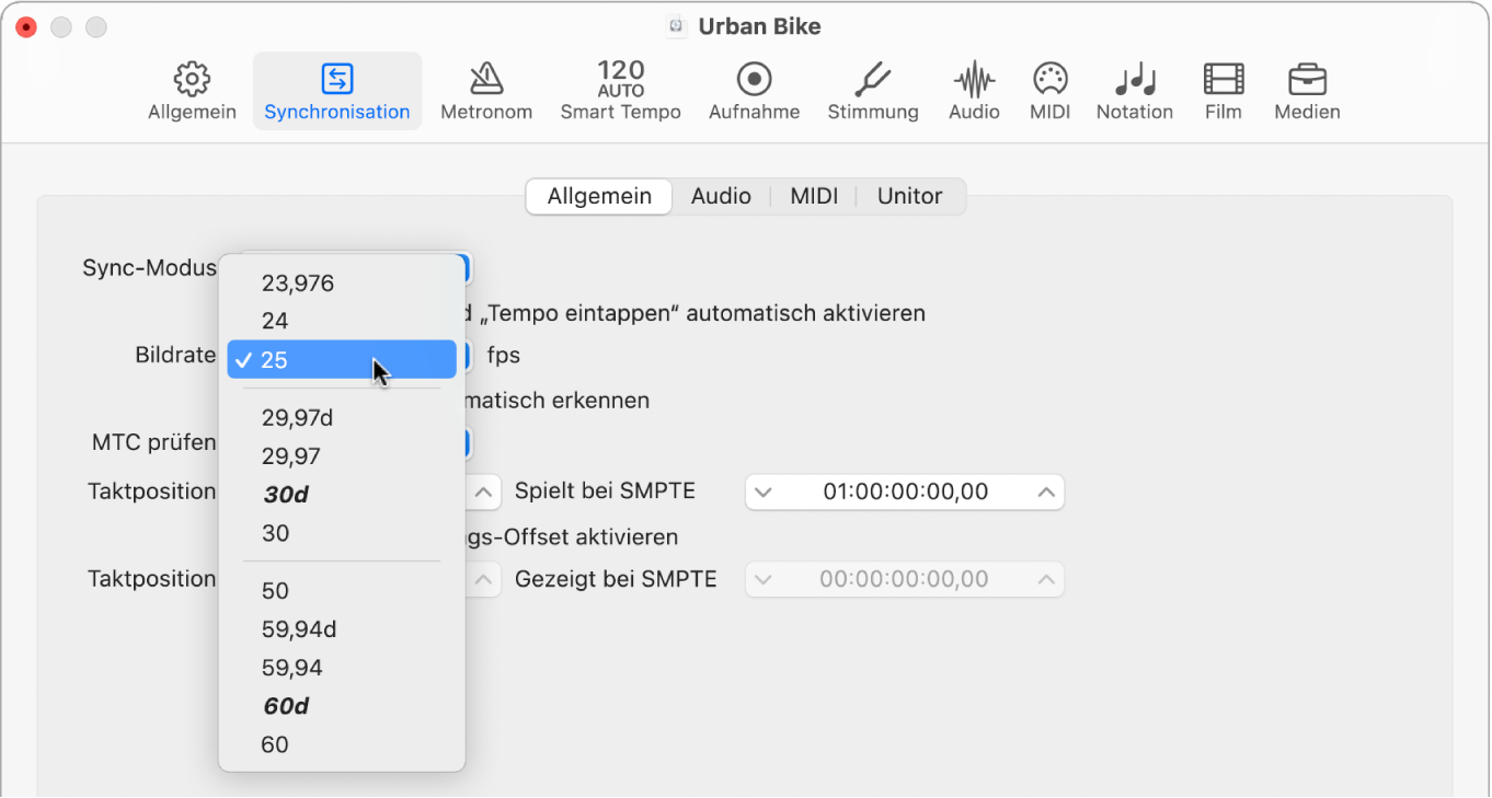 Abbildung. Projekteinstellungen zur Synchronisation mit Einblendmenü „Frame-Rate“