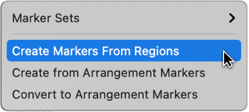 Figure. Marker track showing the Create Markers From Regions menu command.