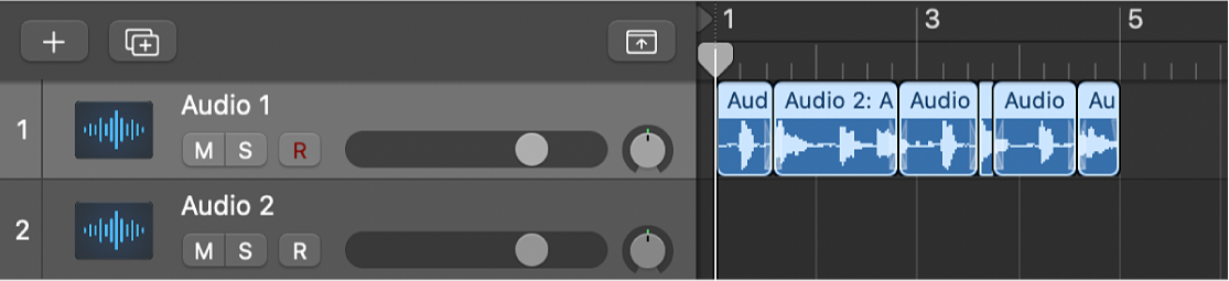 Figure. Showing the flattened take folder, with the resulting regions on an audio track.