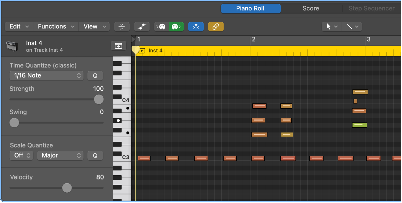 Figure. Quantizing notes in the Piano Roll Editor.