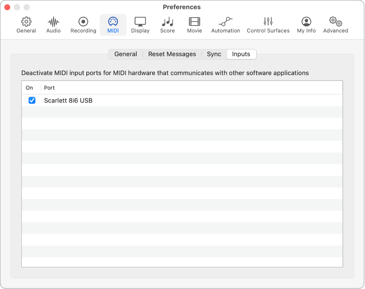 Figure. MIDI Input preferences.