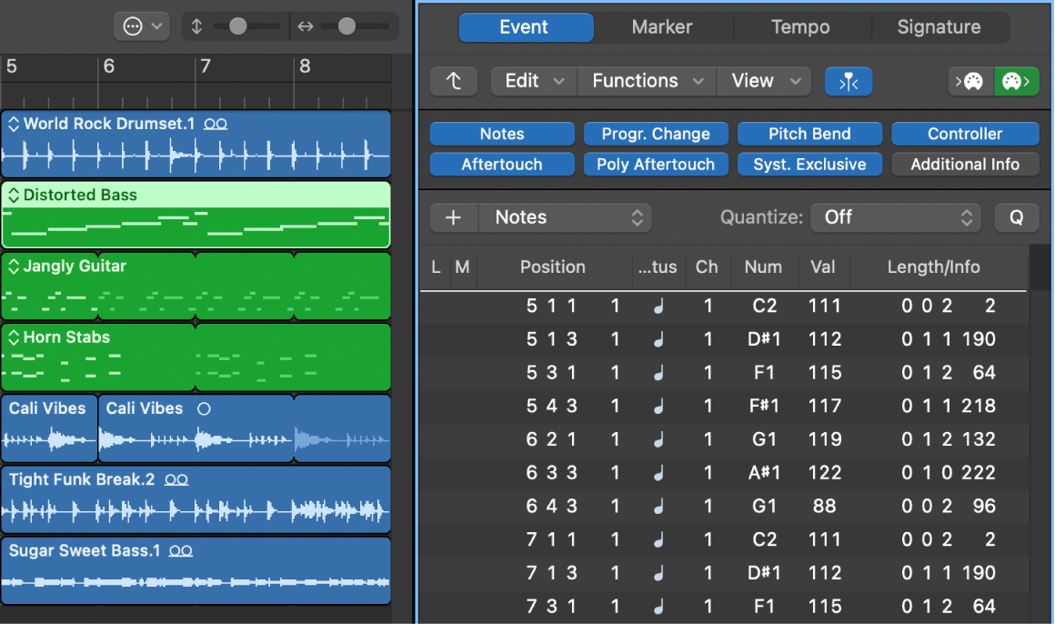 Figure. Event List tab showing all events in selected MIDI region.