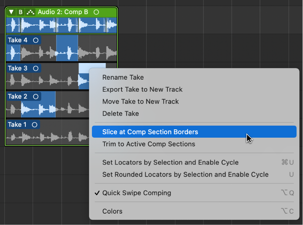 Figure. Choosing Slice at Comp Section Borders from the shortcut menu.