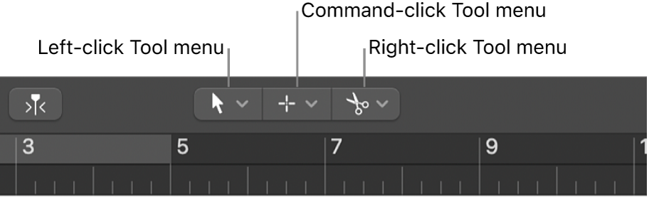 Figure. Left-click, Command-click, and Right-click Tool menus in the Arrange area.