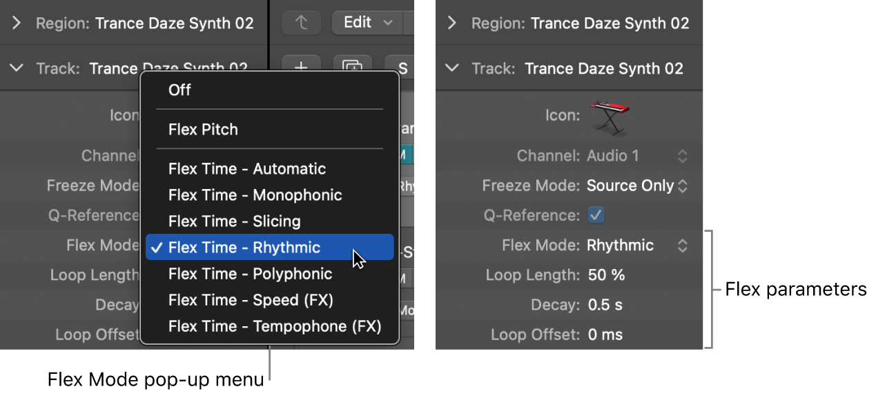 Figure. Track inspector showing Flex algorithms and parameters.