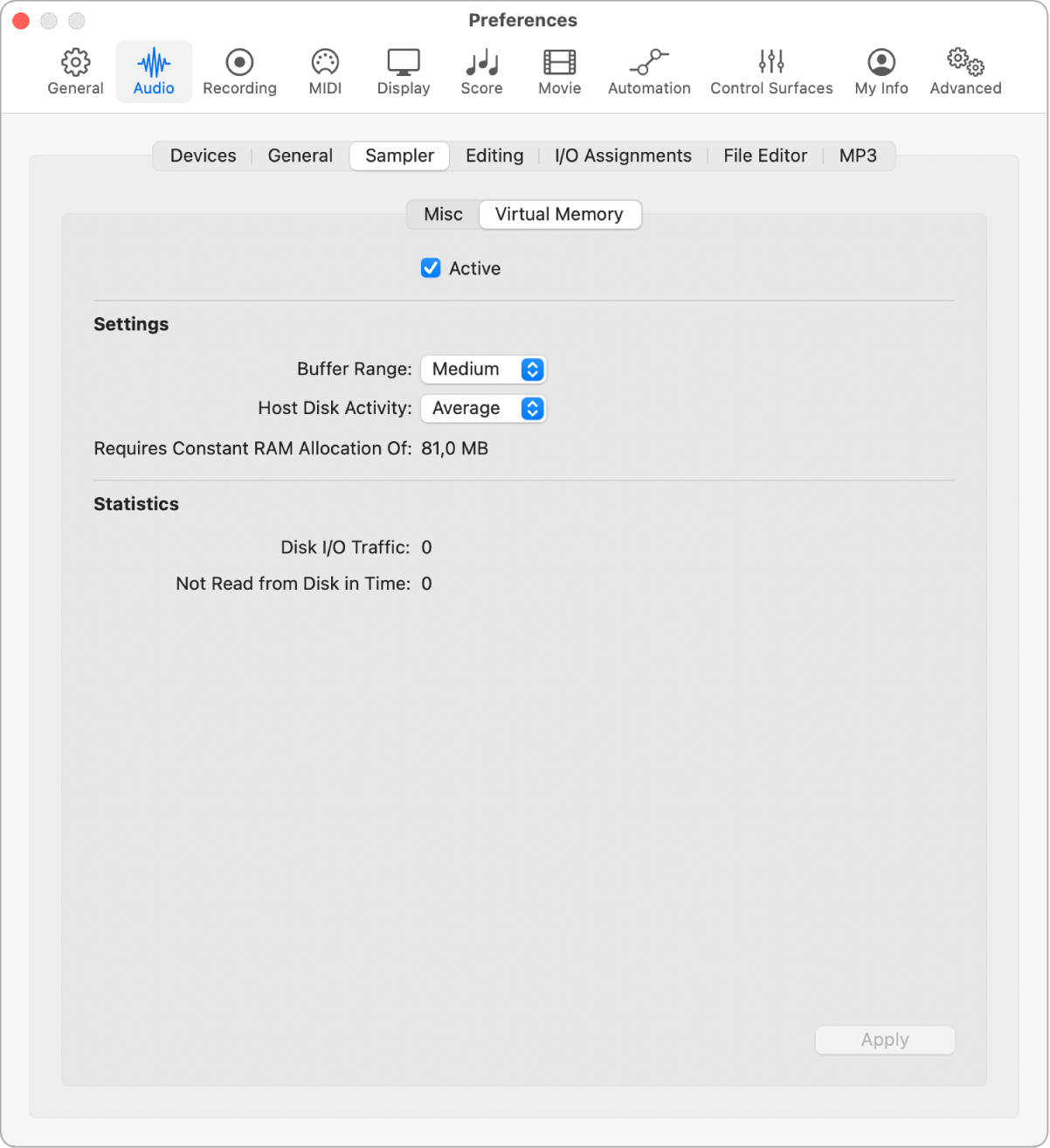 Figure. Sampler Virtual Memory preferences.