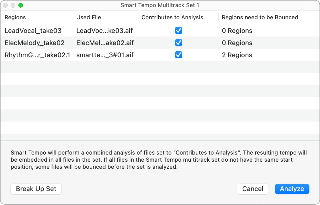 Figure. Smart Tempo Multitrack Set window showing the audio files used in the multitrack set.