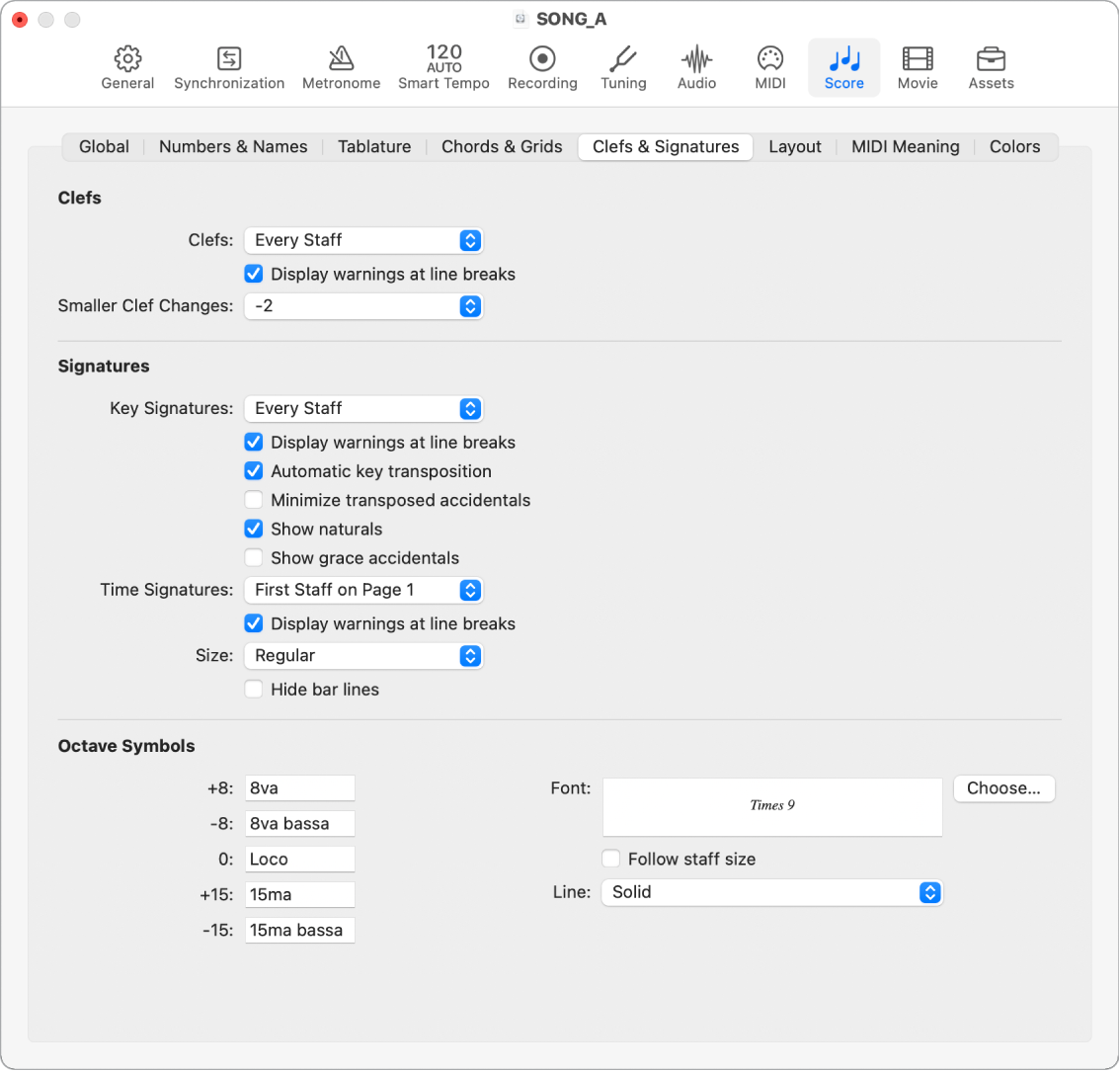 Figure. Clefs and Signatures settings.