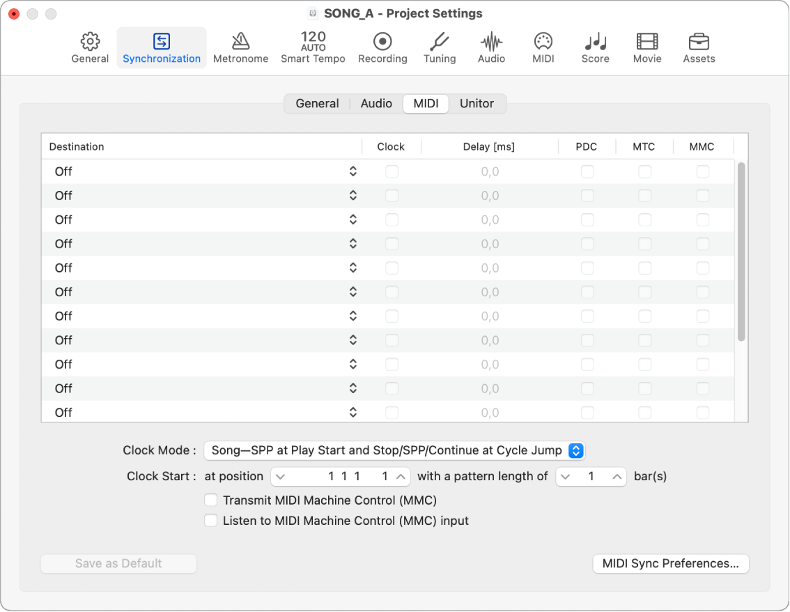 Figure. MIDI Synchronization settings.