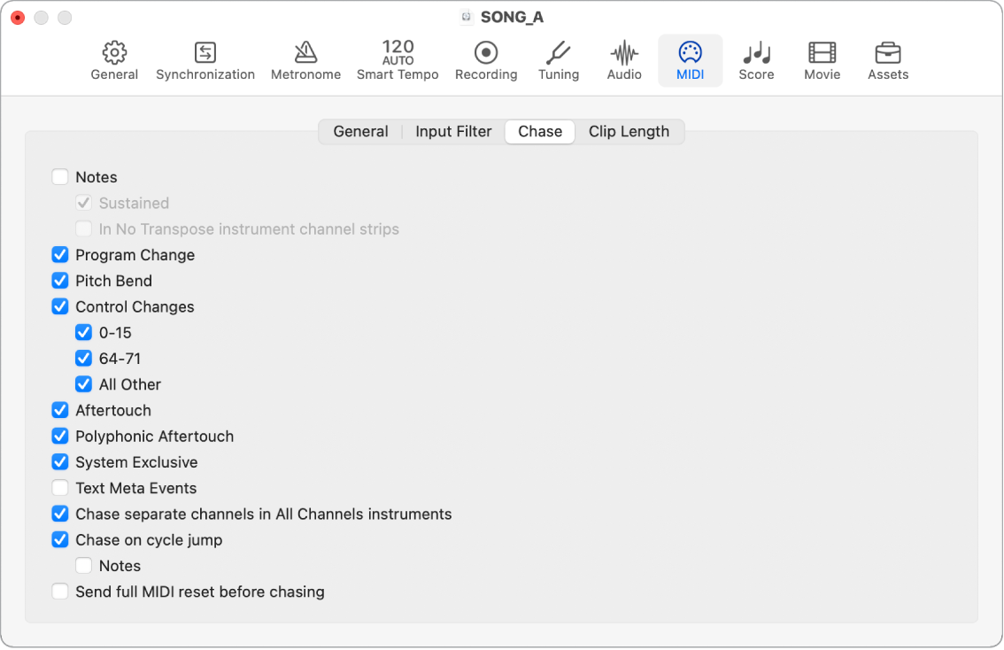 Figure. MIDI Chase settings.