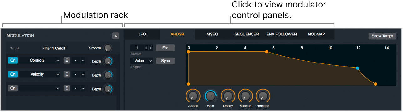 Figure. Modulation section, showing modulation rack, modulator control panel buttons, and AHDSR control panel.