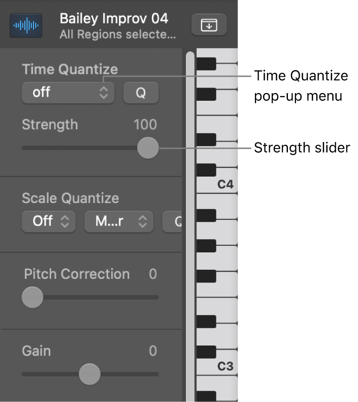 Figure. Time Quantize pop-up menu and Strength slider.