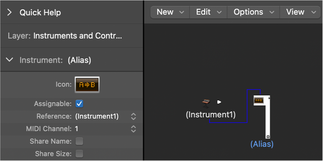 Figure. Environment window showing an alias object and its inspector.