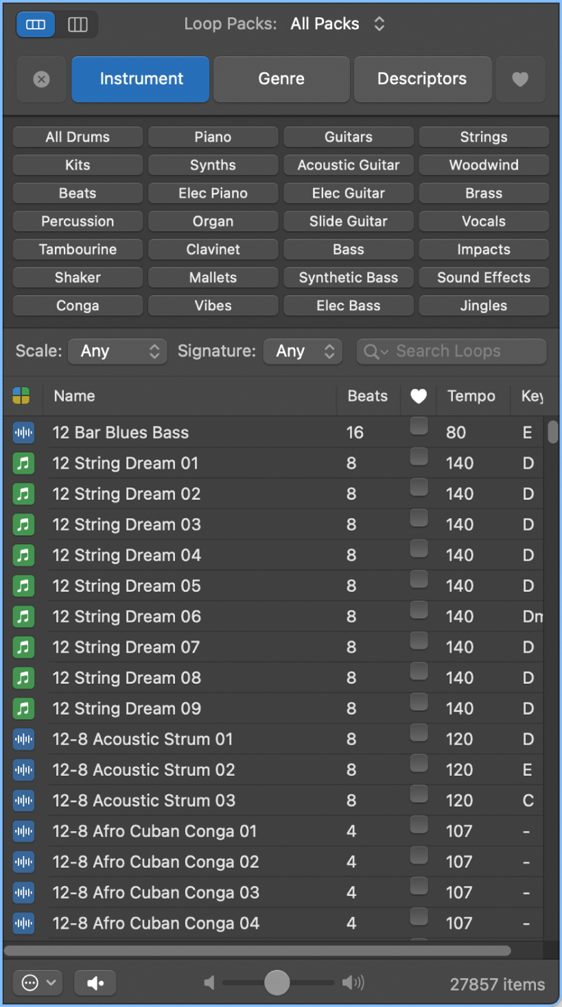 Figure. The Loop Browser, showing keyword buttons and matching loops in the Results list.