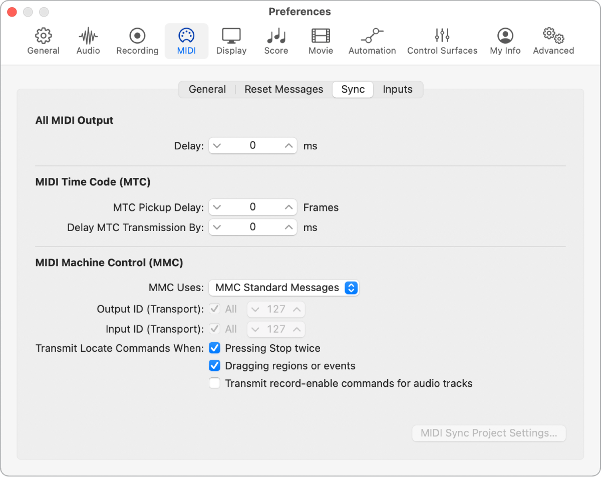 Figure. MIDI Sync preferences.