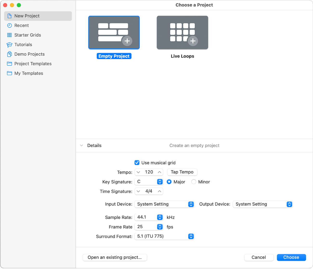 Figure. Details in the lower half of the Project Chooser, for setting project properties.