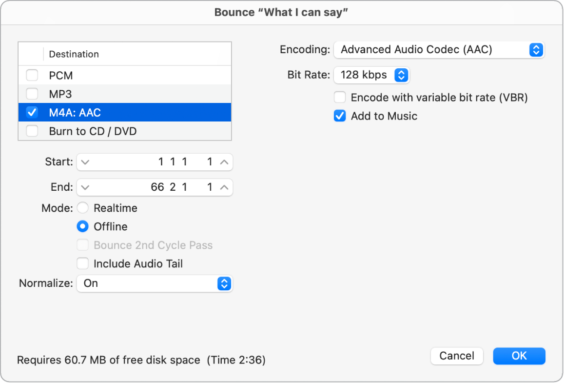 Figure. M4A AAC Format options in the Bounce window.