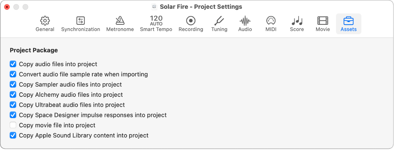 Figure. Assets project settings pane.