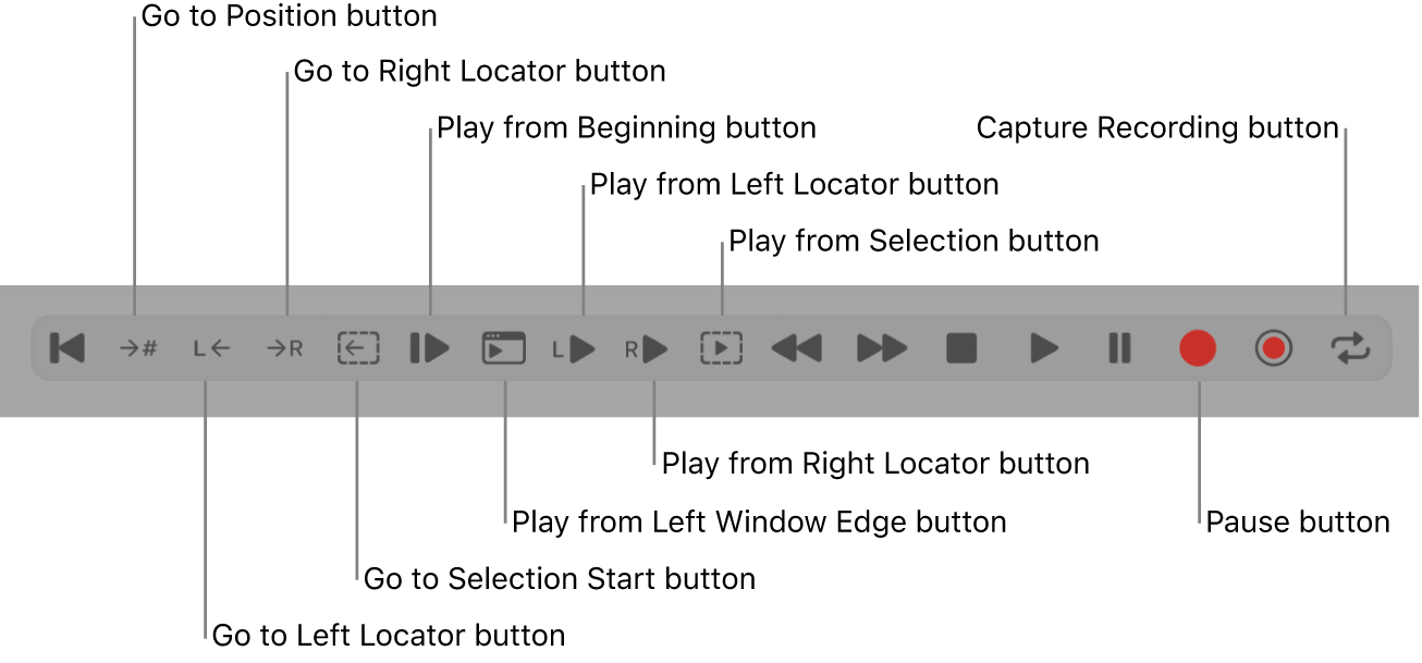 Figure. Transport buttons, showing all additional buttons.