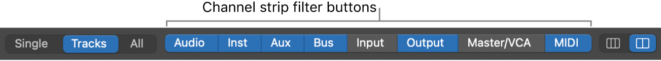 Figure. Channel strip filter buttons, showing some selected and some unselected.