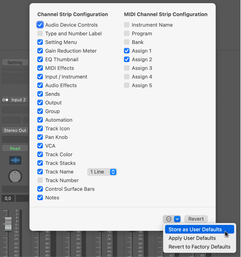 Figure. Saving a channel strip configuration as user default.