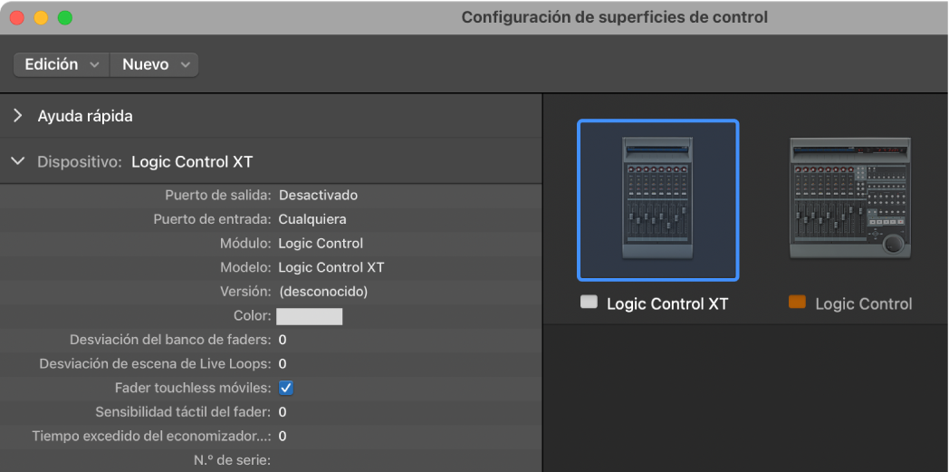 Ilustración. Ventana “Configuración de superficies de control”, que muestra un grupo de superficies de control.