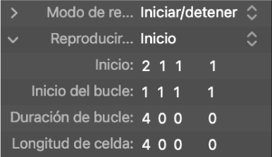 Ilustración. Parámetros de la reproducción en loop en el inspector de celdas.