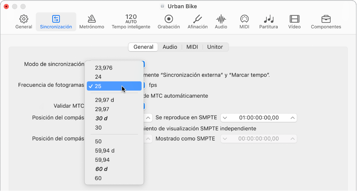 Ilustración. Ajustes de sincronización del proyecto con el menú desplegable “Frecuencia de fotogramas”.