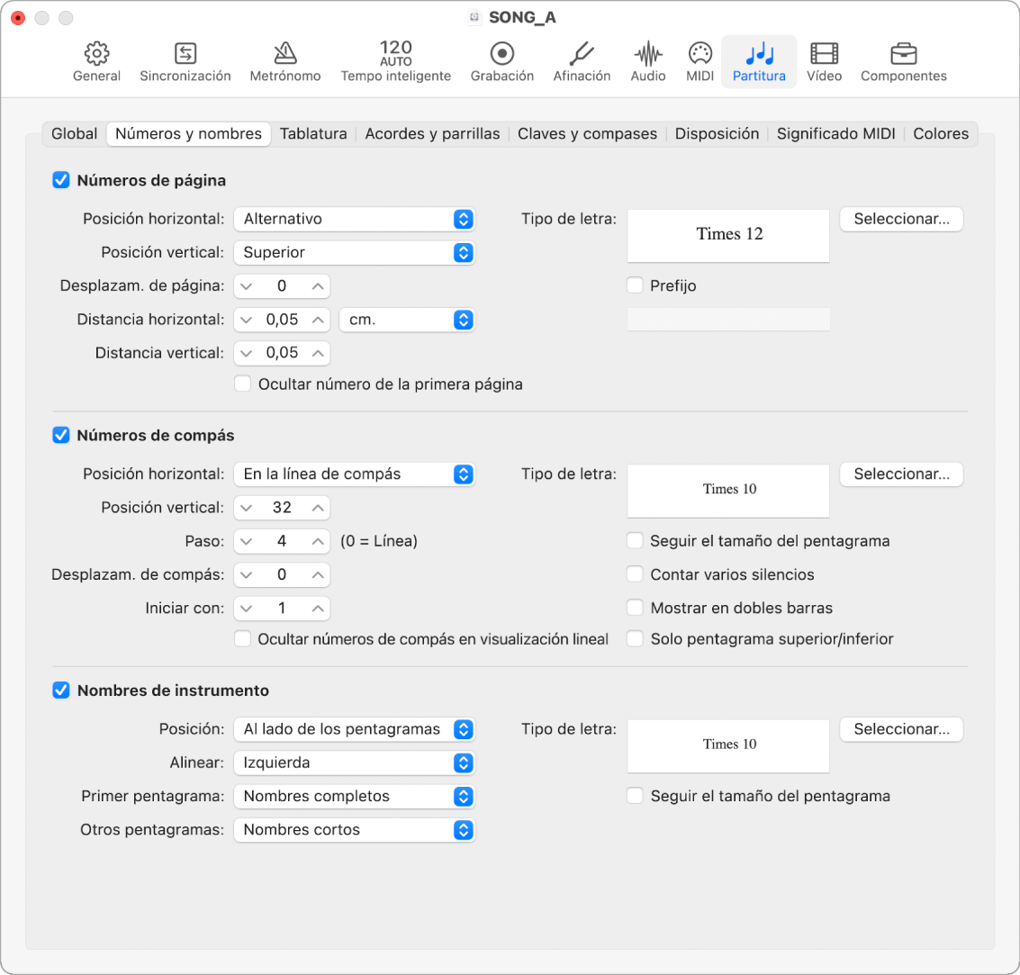 Ilustración. Ajustes de “Números y nombres” de la partitura.