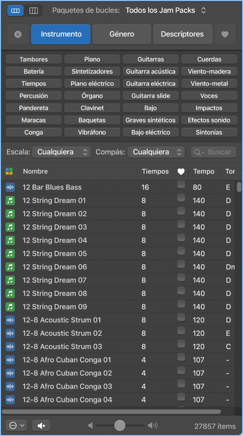 Ilustración. Explorador de loops con botones de palabra clave y loops coincidentes en la lista de resultados.