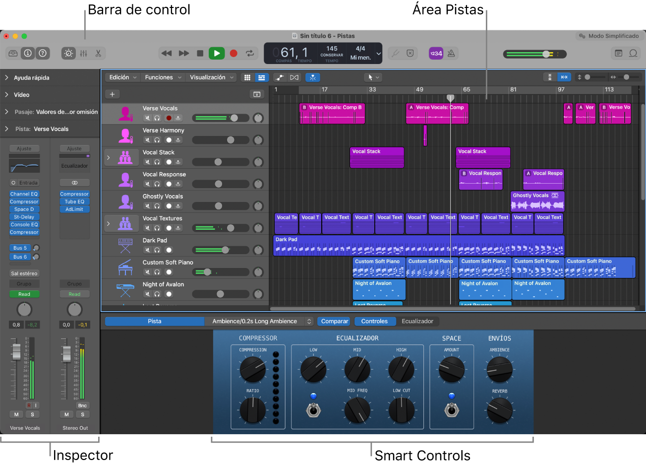 Ilustración. Ventana principal de Logic Pro con las áreas de trabajo principales.